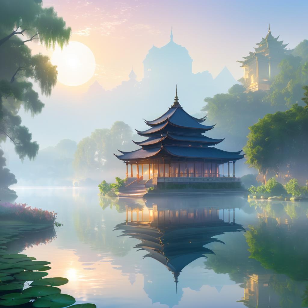 Serene Temple at Sunrise by the River