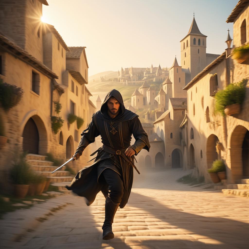 Dynamic Assassin in Fantasy Village Scene