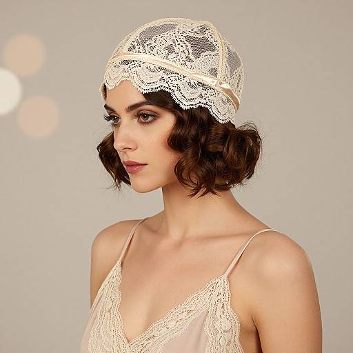 Photograph of a fair-skinned woman with short, wavy brown hair, wearing a delicate white lace headpiece and matching lace-trimmed cam