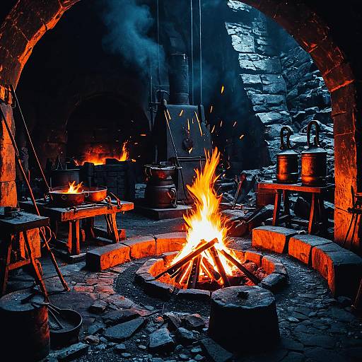 Ancient Mountain Forge with Burning Fire