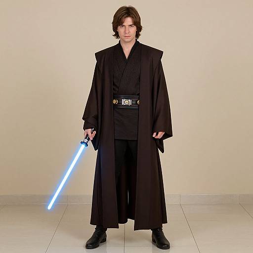 Photograph of a young man with brown hair, wearing a black Jedi robe and holding a glowing blue lightsaber, standing against a plain beige background.
