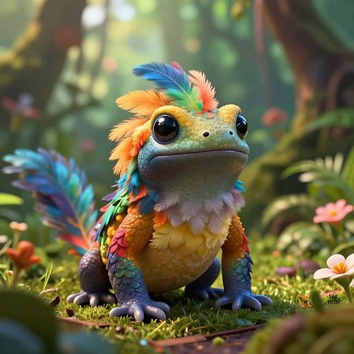 Digital art of a colorful, fantasy frog with vibrant feathers in forest, featuring large eyes, multicolored scales, and lush background.