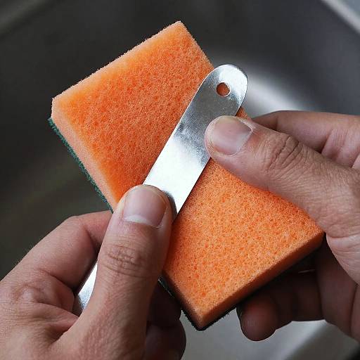 Close-Up of Hands Holding Scraper and Sponge