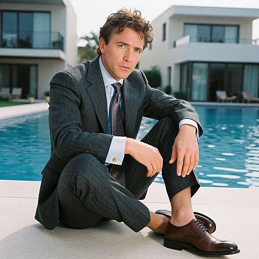 Photograph of a handsome, brown-haired man in a dark suit, sitting by a pool, looking serious, with modern houses in the background.