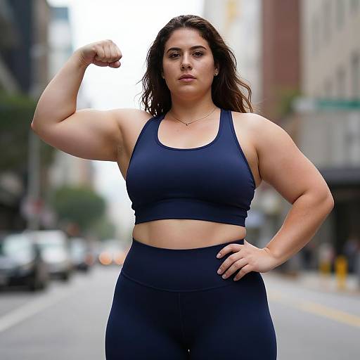 Photograph of a muscular, light-skinned woman with long brown hair, flexing her right arm in a blue sports bra and high-waisted