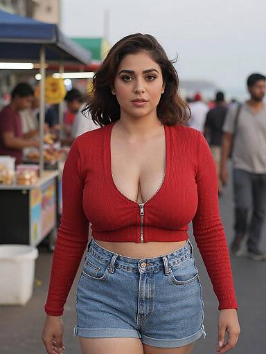 Photograph of a curvy woman with medium skin, dark wavy hair, wearing a red zip-up crop top and blue denim shorts, standing in