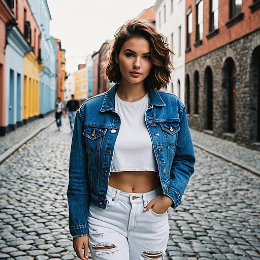 Young Woman in Denim Jacket on Urban Cobblestone Street