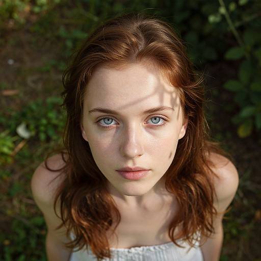 Photograph of a young woman with fair skin, blue eyes, and reddish-brown wavy hair, wearing a white strap top, looking up