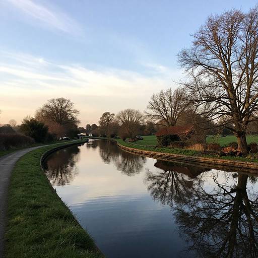 Photograph of a serene canal at sunset, reflecting leafless trees and a grassy path, with a clear, blue sky above.