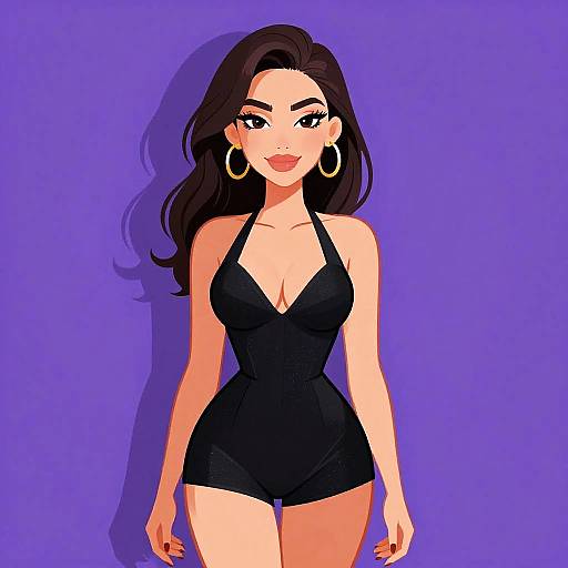 Digital illustration of a confident woman with long black hair, large hoop earrings, and a black halter romper, standing against a solid purple background.