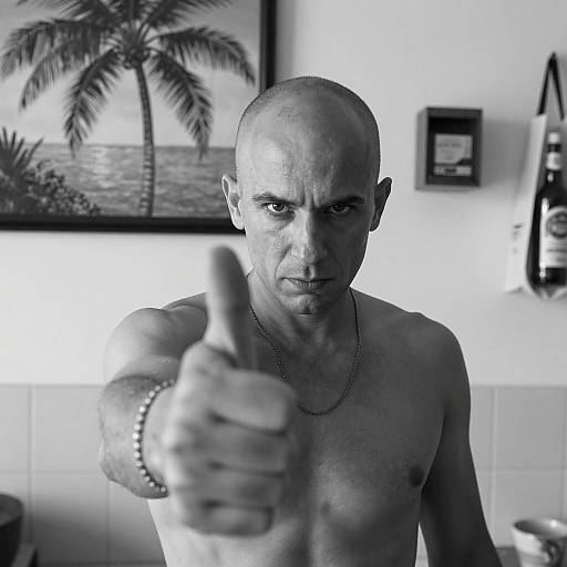 Shirtless Man Giving Thumbs Up in Black and White