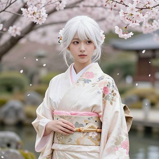 Photograph of a young Japanese woman with white hair in a floral kimono, standing in a cherry blossom garden, petals falling around her.