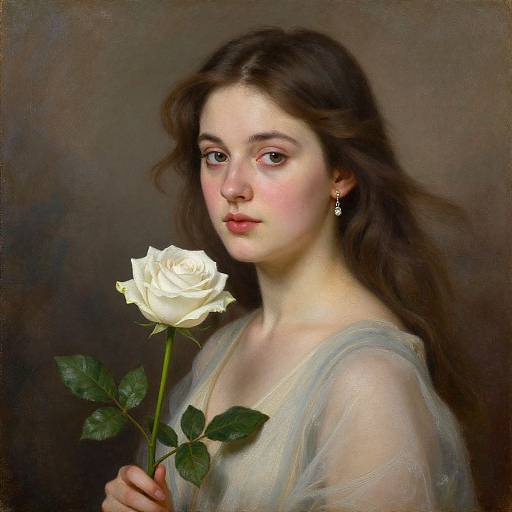 Digital painting of a young woman with fair skin and long brown hair, holding a white rose, wearing a sheer white dress. She gazes softly,