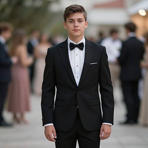 Photograph of a young boy with short brown hair in a black tuxedo with a bow tie, standing confidently in a blurred outdoor evening event.