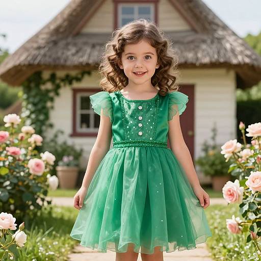 Photograph of a smiling young girl with curly brown hair in a green, sparkly tulle dress, standing in a sunlit garden with pink roses