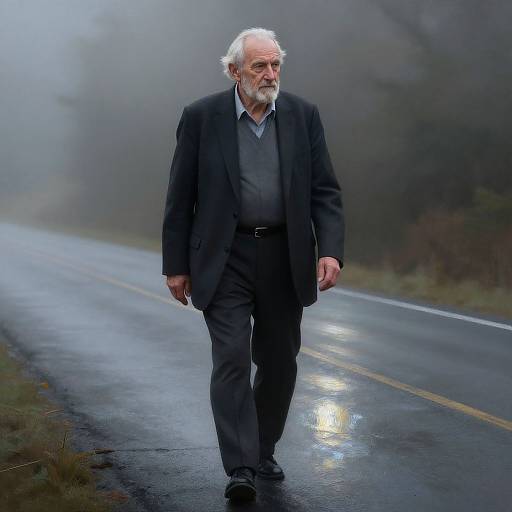 Photograph of an elderly white man with a white beard, wearing a black suit and gray shirt, walking on a misty, foggy, wet