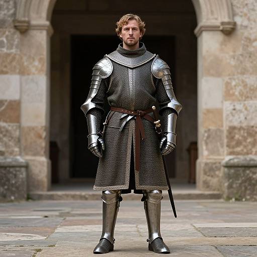 Photograph of a bearded, curly-haired man in full medieval silver armor and black chainmail, standing before a stone archway.