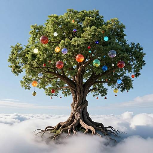 Digital artwork of a whimsical tree with colorful, glowing orbs hanging from its green leaves, set against a bright blue sky and fluffy white clouds.