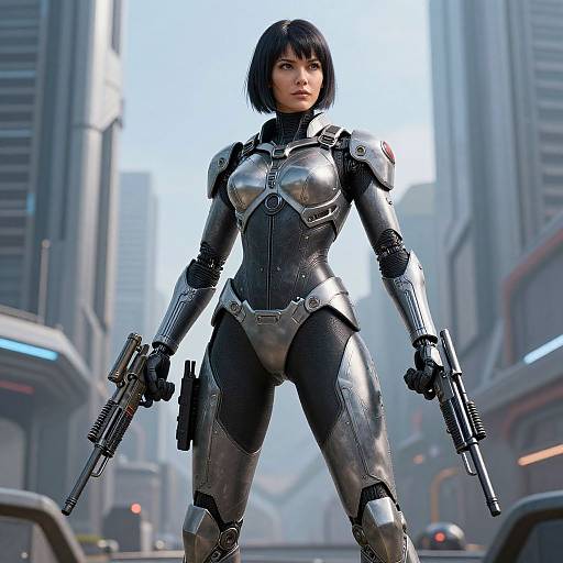 CGI image of a black-haired woman in futuristic silver and black armor, holding dual guns, standing confidently in a high-tech cityscape.