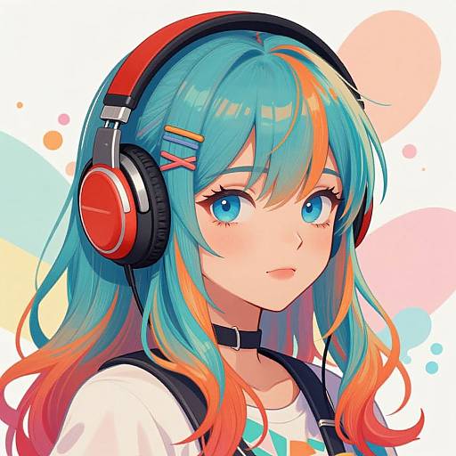 Vibrant digital anime-style portrait of a blue-haired girl with orange highlights, wearing red headphones, a black choker, and a white shirt,