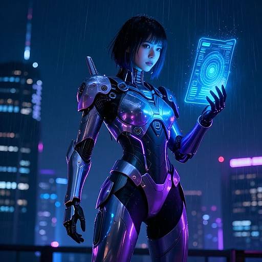 Cyberpunk night scene: glowing blue hologram in a futuristic, neon-lit city. Asian woman in sleek, metallic armor stands in rain,
