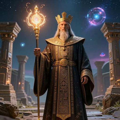 Digital artwork of an old, white-bearded king in ornate black robes and gold crown, holding a flaming torch, standing in a futuristic, star
