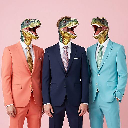 Photograph of three men with dinosaur heads in suits: left in orange, center in black, right in blue, against a pink background.