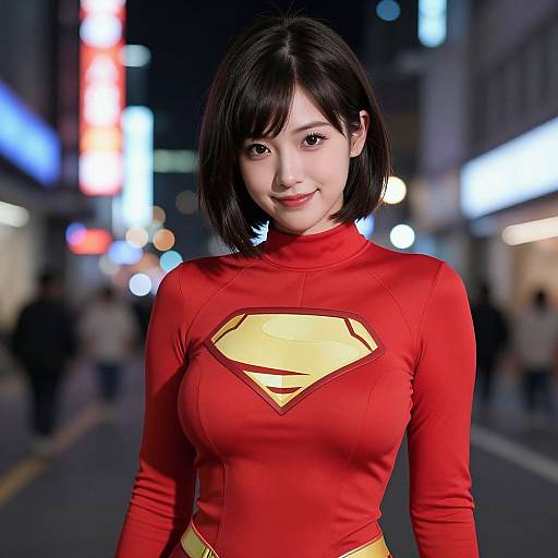 Confident Superhero Woman in Neon City