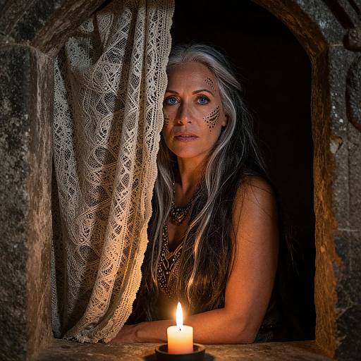 Photograph of a white woman with long gray hair, lace curtain, tribal face paint, candlelit, gazing out from a stone window.
