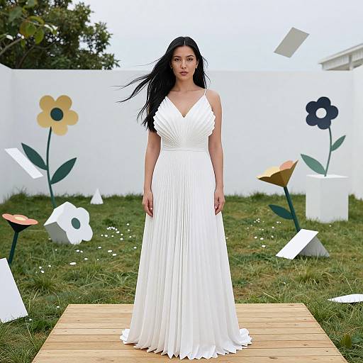 Photograph of an Asian woman with long black hair in a white, V-neck, sleeveless pleated gown, standing on a wooden path in a