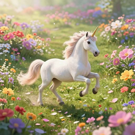 Digital illustration of a white unicorn with a golden horn, prancing through a vibrant, sunlit meadow filled with colorful flowers.