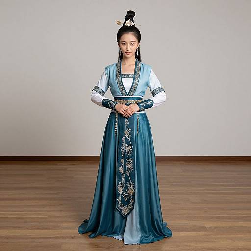 Photograph of an East Asian woman in traditional Korean hanbok, standing on wooden floor, wearing blue and white embroidered dress with black hair bun,