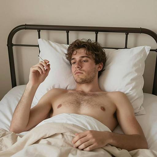 Relaxed Man in Bed with Cigarette