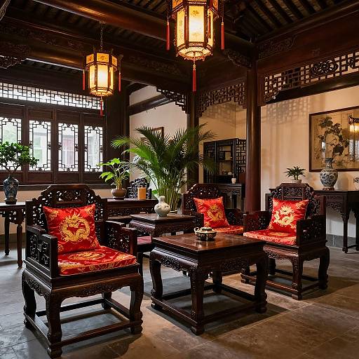 Photograph of an elegant traditional Chinese living room with dark wooden furniture, vibrant red patterned cushions, hanging lanterns, potted plants, and intricate