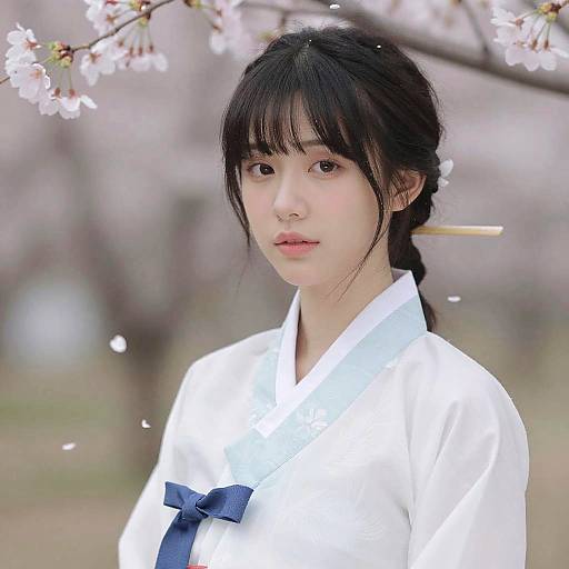 Photograph of an East Asian woman with black hair in a braid, wearing a white kimono with a blue bow, standing in a cherry blossom