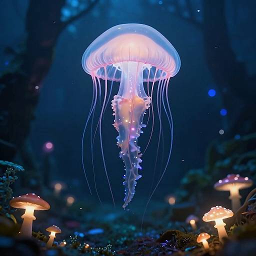 Photograph of a glowing, translucent jellyfish with long, flowing tentacles above a forest floor filled with bioluminescent mushrooms.