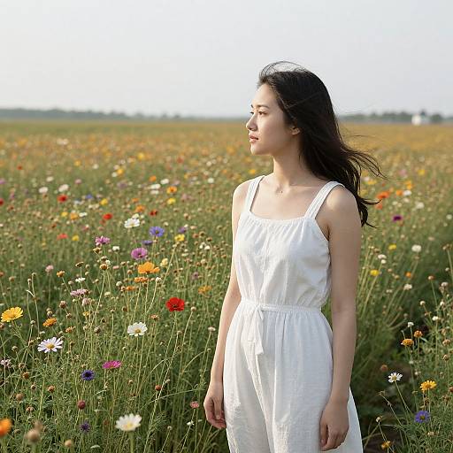 Photograph of an Asian woman with long black hair in a white sundress standing in a vibrant wildflower meadow, looking to the side under bright