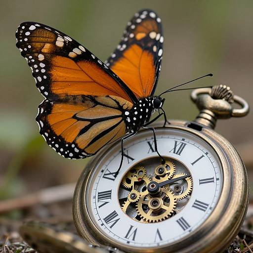 Photograph of a vibrant orange and black-spotted monarch butterfly perched on a brass pocket watch with exposed gears and Roman numerals. Blurred green