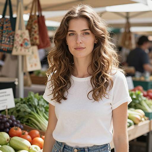 Photograph of a young woman with wavy brown hair, wearing a white t-shirt and blue jeans, standing at a vibrant outdoor market with fresh vegetables