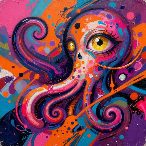 Vibrant digital artwork of an abstract, swirl-patterned face with one yellow eye, surrounded by bold orange, pink, blue, and purple spl