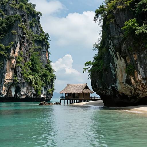 Photograph of a wooden hut on stilts, nestled between two towering, lush, rocky cliffs, with turquoise water and sandy beach below.