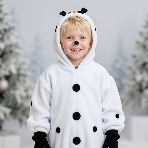 Photograph of a smiling blond boy in a white Dalmatian-themed hoodie with black spots and ears, standing in a snowy, blurred forest background