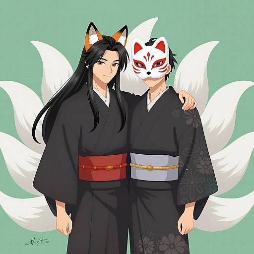 Kawaii Fox-Eared Duo in Kimono