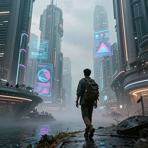 Digital art of a lone figure with a backpack walking through a foggy, neon-lit futuristic city street with towering skyscrapers.