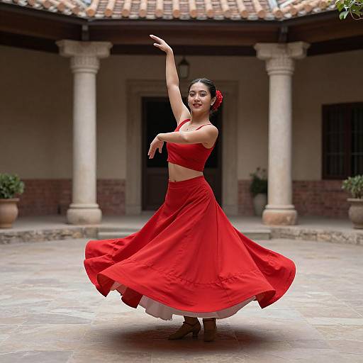 Photograph of a smiling Hispanic woman with dark hair in a red floral hairpin, wearing a red crop top and flowing skirt, dancing flamenco in