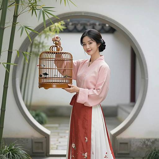 Asian Woman Holding Birdcage in Traditional Garden