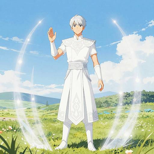 Digital anime-style drawing of a white-haired, white-clad male character standing in a sunny, grassy field, raising his right hand with glowing circular