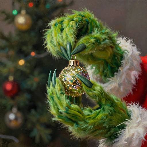 Close-up of a glittery gold Christmas ornament hanging from a green, fuzzy, white-trimmed wreath, with a blurred Christmas tree in the