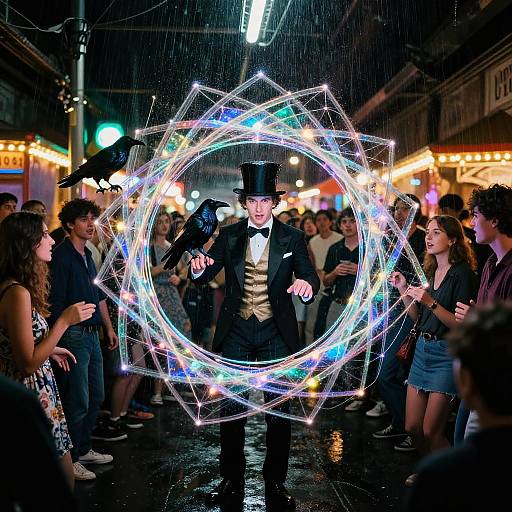Street Magician with Holographic Raven and Luminous Portal