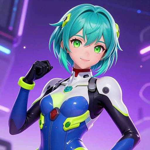 Digital anime-style illustration of a green-eyed, teal-haired girl in a sleek, form-fitting blue, white, and yellow futuristic bodysuit,